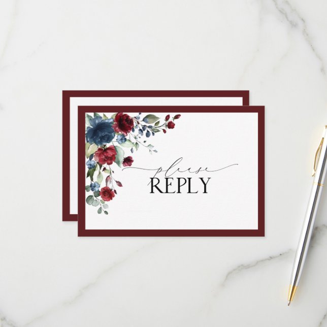 Burgundy Navy Blue Floral Aquarelle Script RSVP (Devant/Arrière en situation)