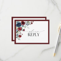 Burgundy Navy Blue Floral Aquarelle Script RSVP