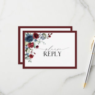 Burgundy Navy Blue Floral Aquarelle Script RSVP