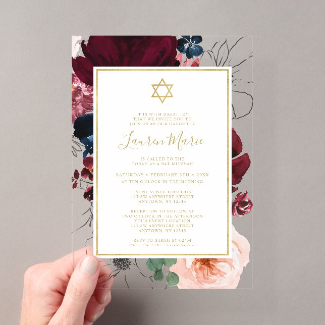 Burgundy Navy Blue Floral Bat Mitzvah Acrylic Invitations (Insitu (Handheld))