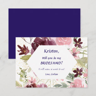 Burgundy Navy Blue Floral Be My Bridesmaid Invitation