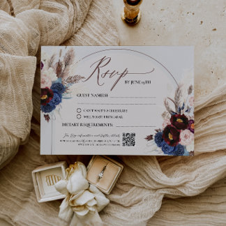 Burgundy Navy Blue Floral Boho Wedding RSVP Card