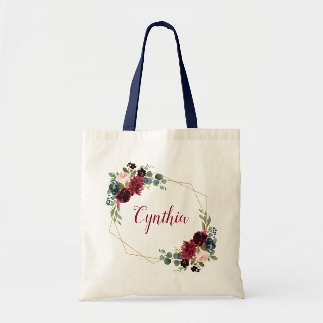 Burgundy Navy Blue Floral Classy Geometric Frame Tote Bag (Front)