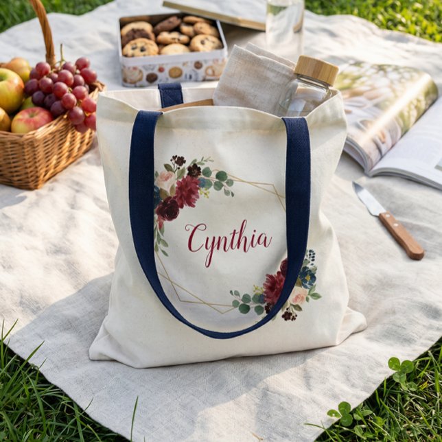 Burgundy Navy Blue Floral Classy Geometric Frame Tote Bag (Creator Uploaded)