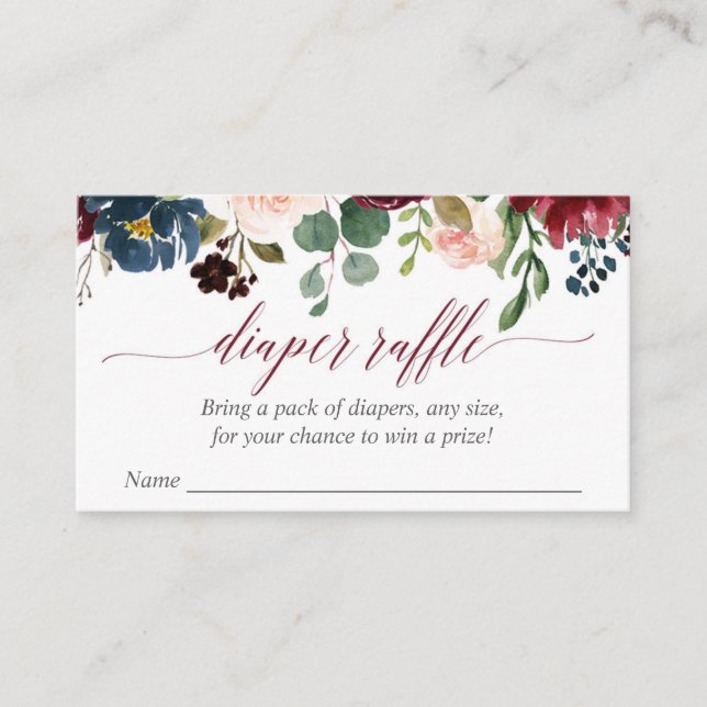 Burgundy navy blue floral diaper raffle cards (Front)