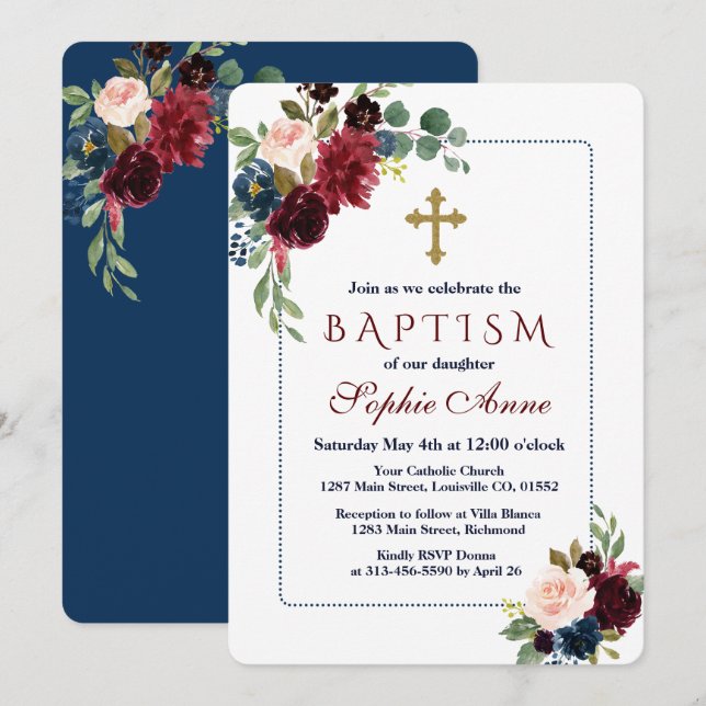 Burgundy Navy Blue Floral Dotted Frame Baptism Invitation (Front/Back)