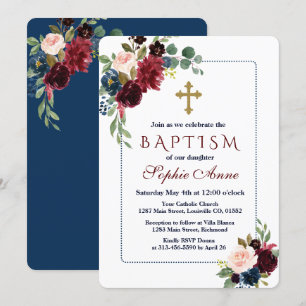 Burgundy Navy Blue Floral Dotted Frame Baptism Invitation
