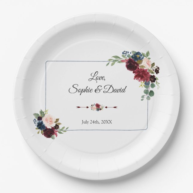 Burgundy Navy Blue Floral Dotted Frame Wedding Paper Plate (Front)