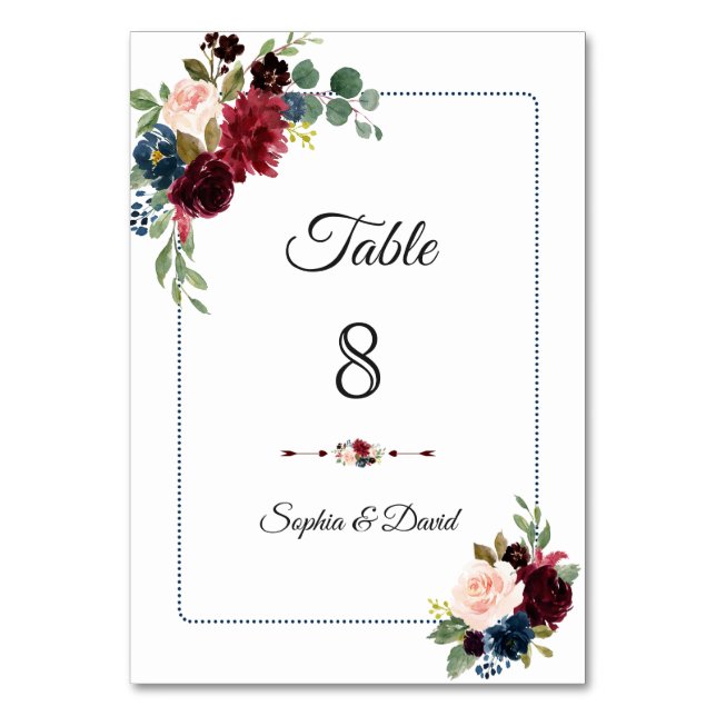 Burgundy Navy Blue Floral Dotted Frame Wedding Table Number (Front)