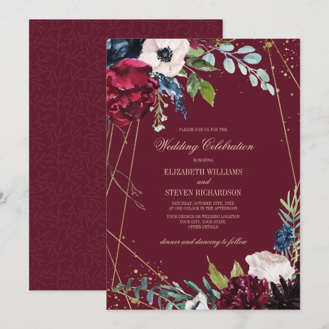 Burgundy | Navy Blue Floral Geometric Wedding Invitation (Front/Back)