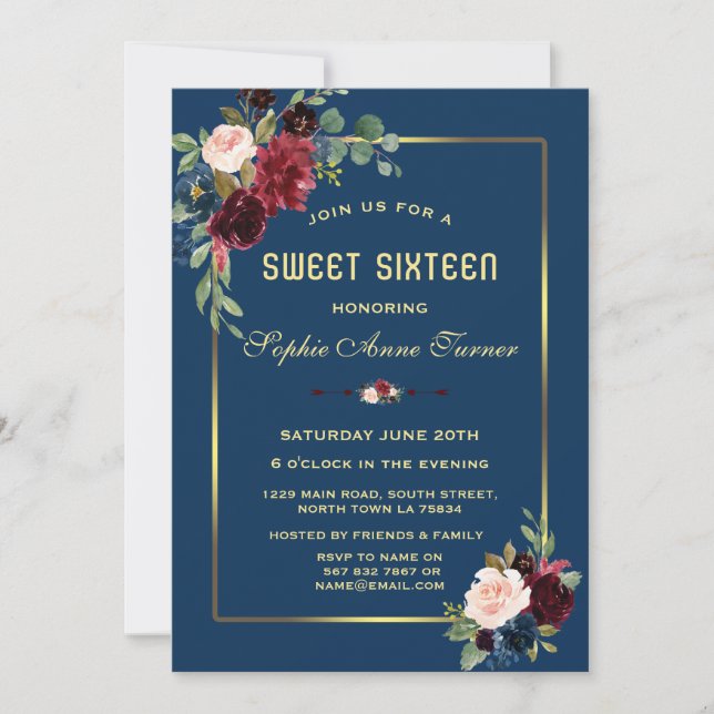 Burgundy Navy Blue Floral Golden Frame Sweet 16 Invitation (Front)