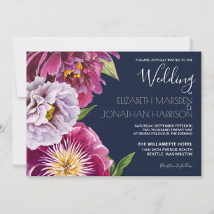 Burgundy Navy Blue Floral Photo Dark Wedding Invitation