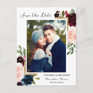 Burgundy Navy Blue Floral Photo Save the Date Postcard