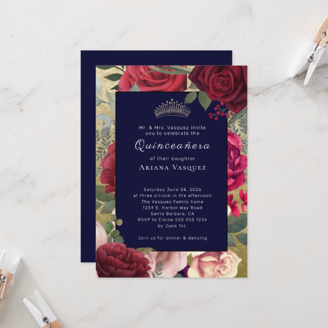 Burgundy Navy Blue Floral Quinceañera Invitation (Devant/Arrière en situation)