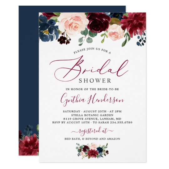 Burgundy Navy Blue Floral Script Bridal Shower Invitation | Zazzle.ca