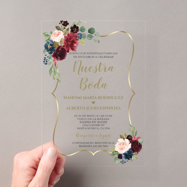 Burgundy Navy Blue Floral Spanish Nuestra Boda  Acrylic Invitations (Insitu (Handheld))