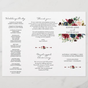 Burgundy Navy Blue Floral Tri+Fold Wedding Program