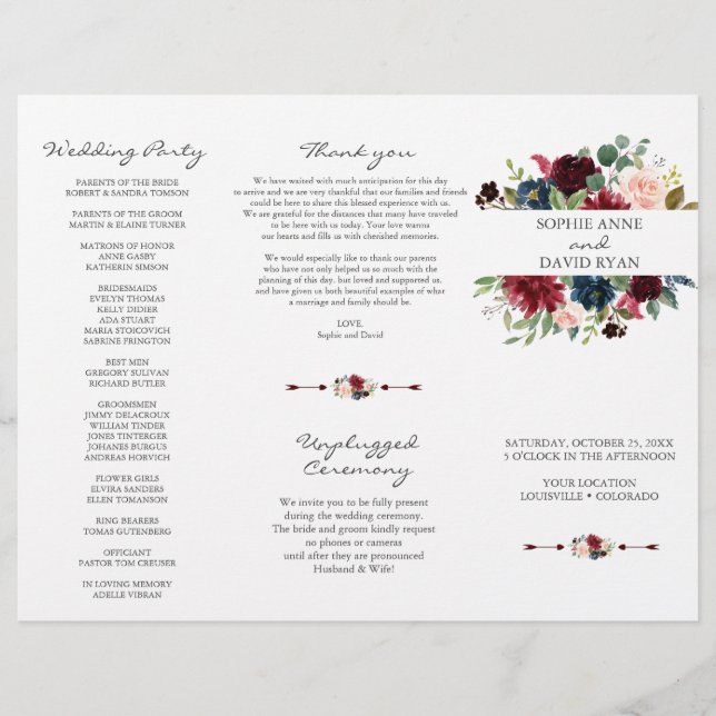 Burgundy Navy Blue Floral Tri+Fold Wedding Program (Front)