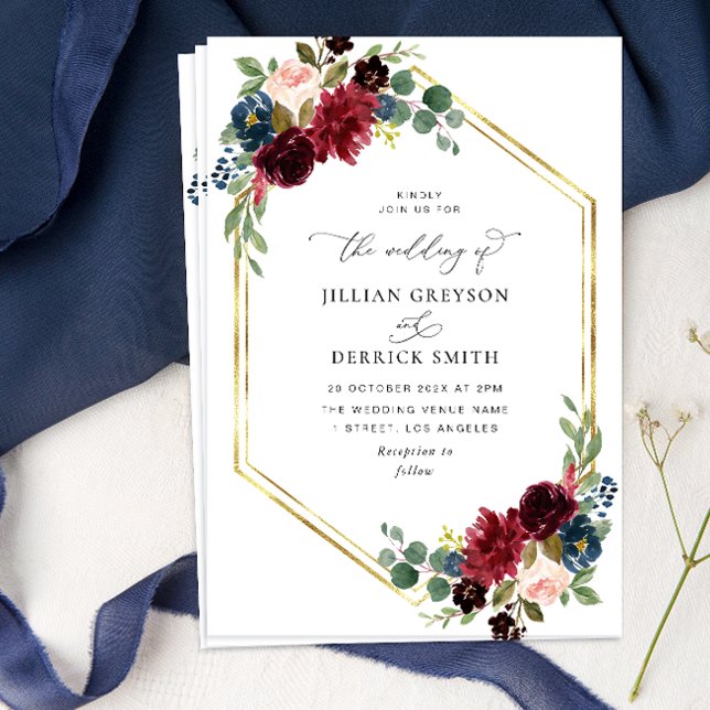 Burgundy navy blue floral wedding invitation (Creator Uploaded)