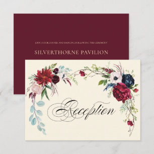 Burgundy   Navy Blue Floral Wedding Reception Card