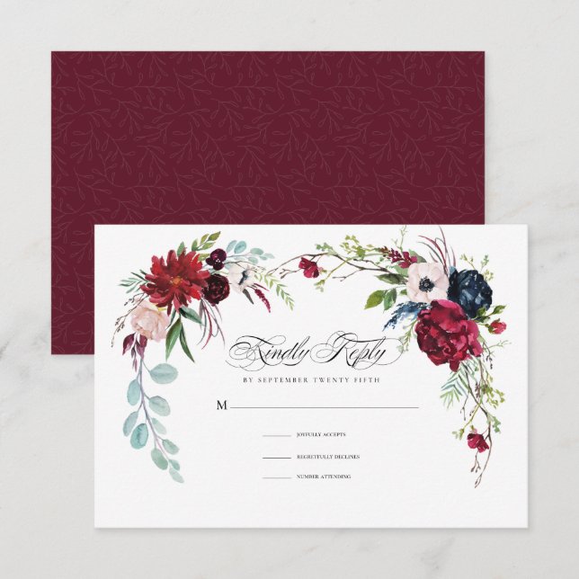 Burgundy | Navy Blue Floral Wedding RSVP Card (Front/Back)