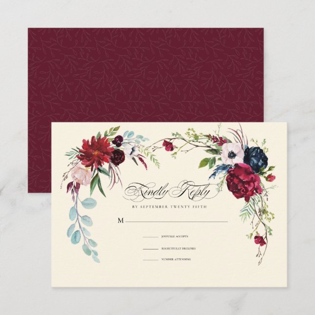Burgundy | Navy Blue Floral Wedding RSVP Card (Front/Back)