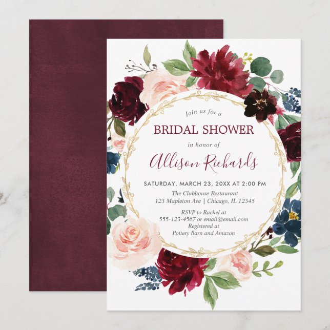 Burgundy navy blue floral wreath bridal shower invitation (Front/Back)