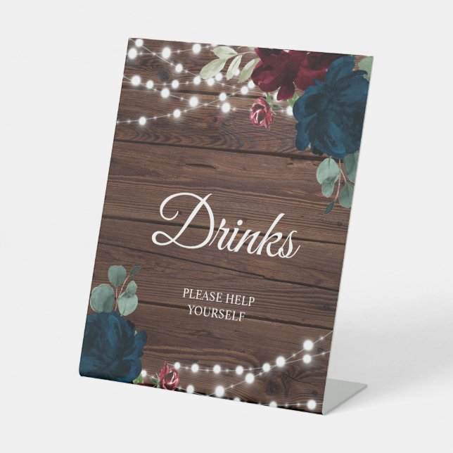 Burgundy & Navy Blue Flower Drinks Sign (Front)