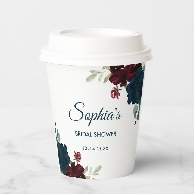 Burgundy & Navy Blue Flowers Rustic Bridal Shower Paper Cups (Front)
