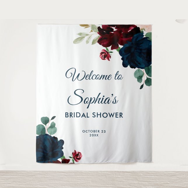 Burgundy & Navy Blue Flowers Rustic Bridal Shower Tapestry (Front)