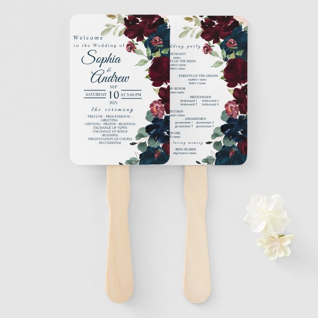 Burgundy & Navy Blue Flowers  Wedding Set of Fans (Front and Back)