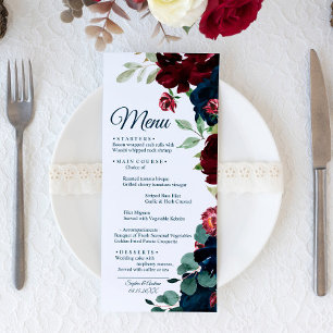 Burgundy & Navy Blue Flowers Wood Mariage Menu
