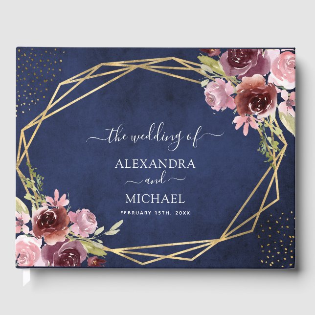 Burgundy Navy Blue Geometric Floral Wedding Guest Book (Front)