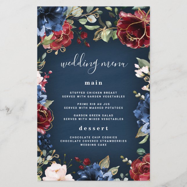 Burgundy Navy Blue Gold Blush Wedding Menu Cards (Front)