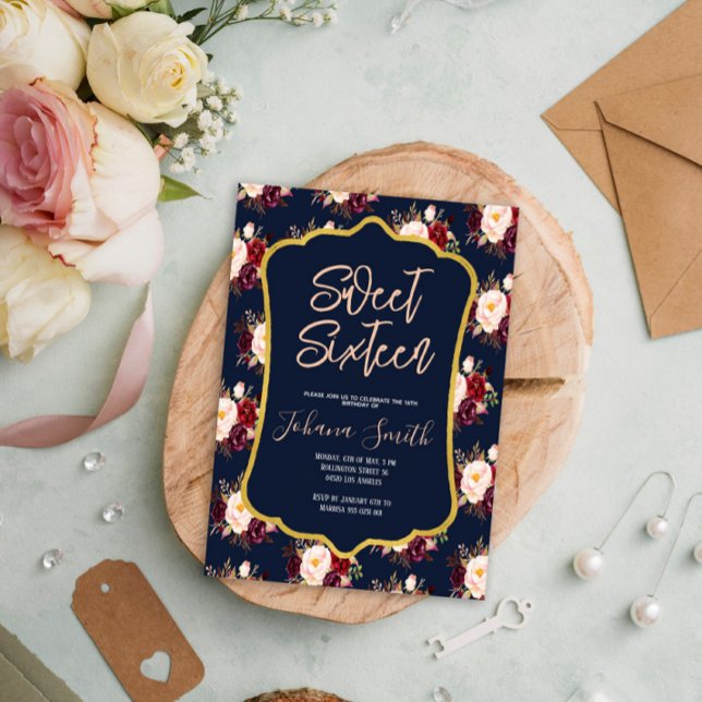 Burgundy Navy Blue Peony Floral 16th Birthday Invitation (Creator Uploaded)
