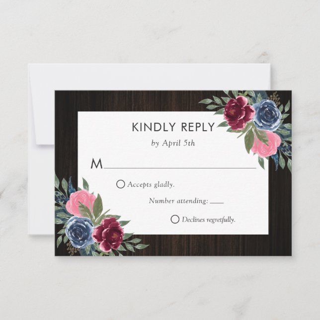 Burgundy Navy Blue Pink Wood Floral Wedding RSVP Card (Front)