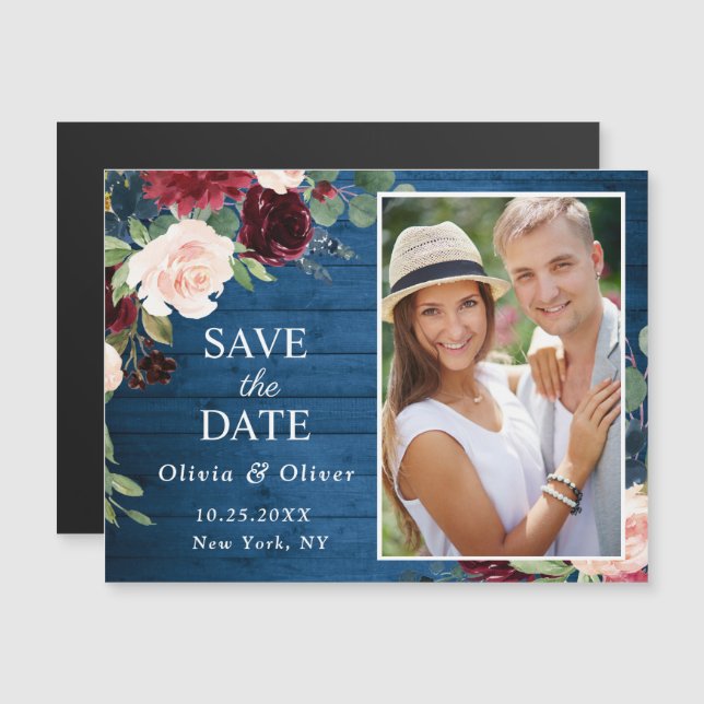 Burgundy Navy Blue Save the Date Magnetic Card (Front/Back)