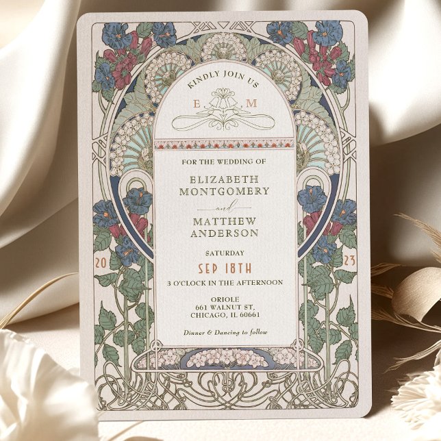 Burgundy Navy Blue Wedding Invitations Art Nouveau (Créateur téléchargé)