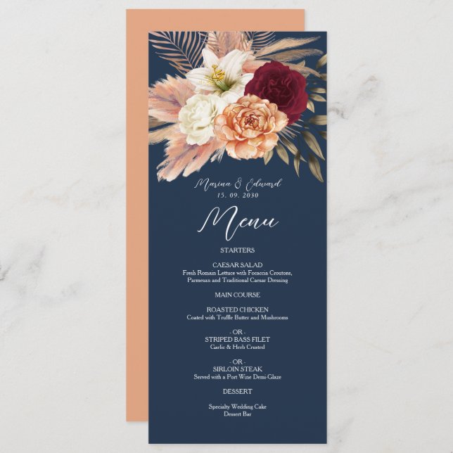 Burgundy Navy Blue Wedding Menu (Front/Back)
