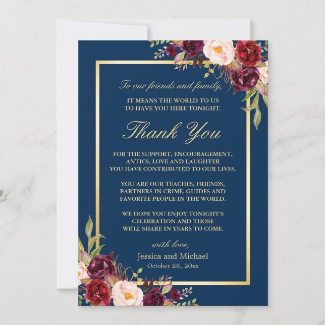 Burgundy Navy Blue Wedding Place Setting Thank You (Front)