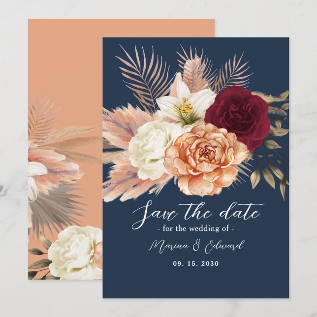 Burgundy Navy Blue Wedding Save The Date (Front/Back)