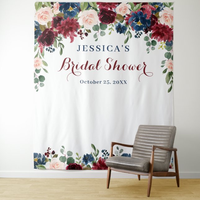 Burgundy Navy Blush Bridal Shower Photo Backdrop Tapestry (In Situ)