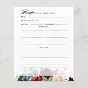 Burgundy Navy Blush Bridal Shower Recipe card