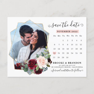Burgundy Navy Blush Floral Calendar Save the Date Postcard