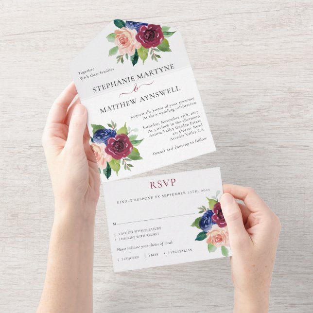 Burgundy Navy Blush Floral Fall Wedding All In One Invitation (Tearaway)