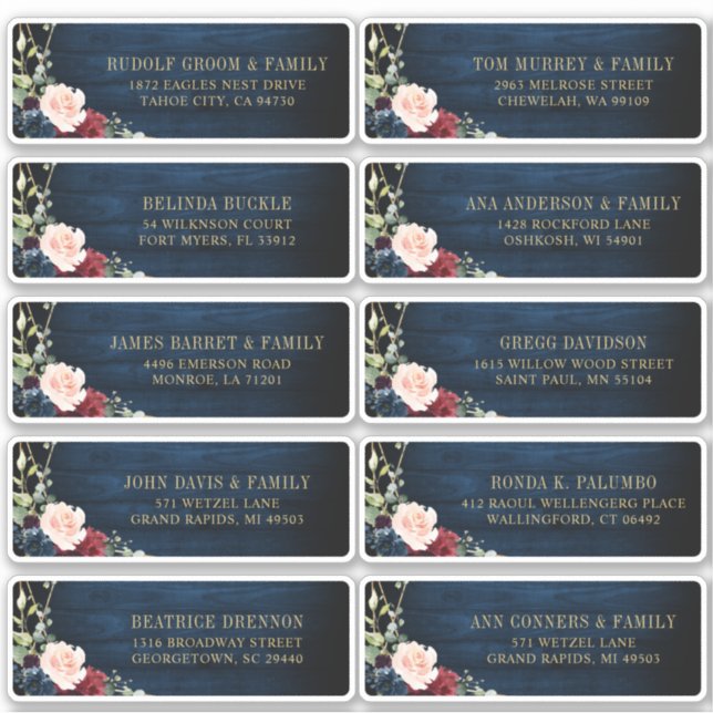 Burgundy Navy Blush Floral Geometric Address Label (Front)