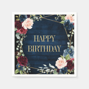 Burgundy Navy Blush Floral Geometric Birthday Napkin