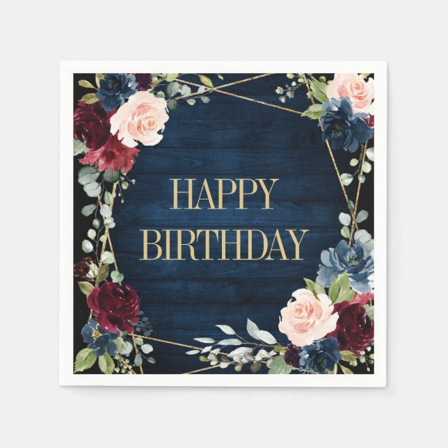 Burgundy Navy Blush Floral Geometric Birthday Napkin (Front)