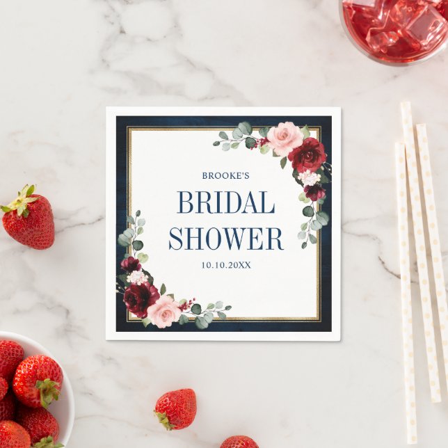 Burgundy Navy Blush Floral Geometric Bridal Shower Napkin (Insitu)