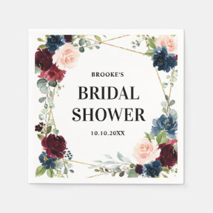 Burgundy Navy Blush Floral Geometric Bridal Shower Napkin